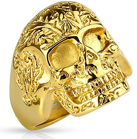 BlackAmazement 316L Edelstahl Ring Totenkopf Skull Stern Pentagramm Gold Schwarz Biker Herren (Modell - Golden Floral Skull, 71 (22.6))