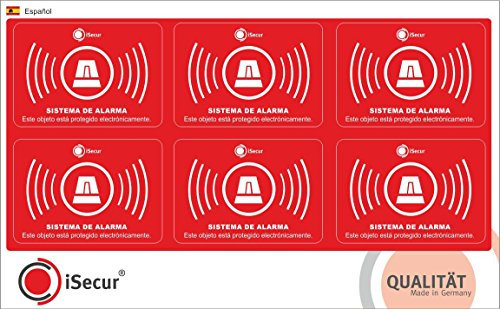6 Stück Aufkleber Alarm, iSecur®, alarmgesichert, 5x3,5cm, Art. hin237, Hinweis auf Alarmanlage, für Haustür, Eingangstür, Fenster, Tür, Auto, LKW, Baumaschinen (Español)