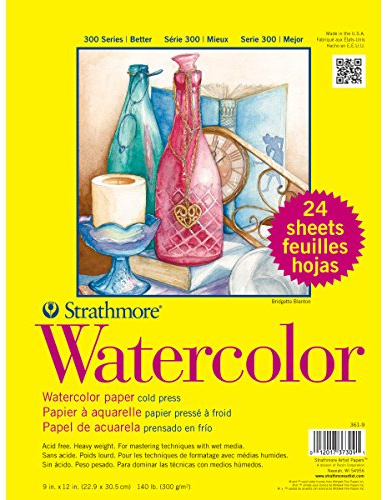 Strathmore 300 Series Watercolor Paper Pad, 9x12 inches, 24 Sheets (140lb/300g) - Artist Paper for Adults and Students - Watercolors, Mixed Media, Markers and Art Journaling