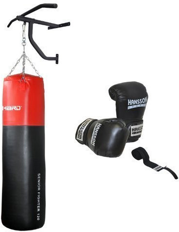Hansson.Sports Boxsack Sandsack gefüllt 33KG 120cm m. Wandhalter & Klimmzug Boxhandschuhe 12OZ Bandage