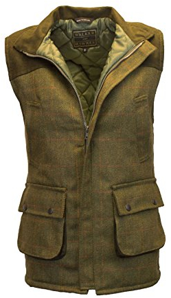WALKER AND HAWKES Herren Country-Weste aus Tweed mit verstärkten Schultern - für die Jagd geeignet - Dunkles Salbeigrün - Größe M (40-42)