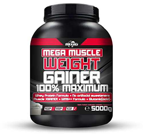 BWG Mega Muscle Weight Gainer 100% Maximum - perfekt für HardGainer und Massephasen – Kraftaufbau - Mega Banana - Dose mit Dosierlöffel - (1x 5000g Dose)