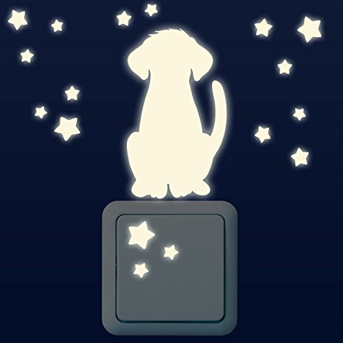 WANDKINGS Leuchtaufkleber für Lichtschalter/Hund mit 17 Sternen im Set/im Dunkeln Leuchtend
