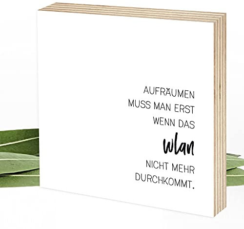 Wunderpixel® Holzbild Chaos & WLAN - 15x15x2cm zum Hinstellen/Aufhängen, echter Fotodruck mit Spruch auf Holz - schwarz-weißes Wand-Bild Aufsteller zur Dekoration Büro/Zuhause oder als Geschenk