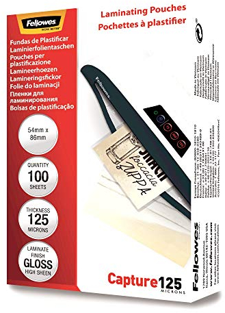Fellowes Laminierfolien Format 60 x 90 mm, 125 Mikron (2 x 125 mic), glänzend, 100 Stück