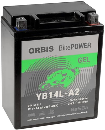 Motorradbatterie 12 V 14 Ah Gel Orbis YB14L‑A2 – auslaufsichere Gelbatterie für Bikes, Roller & ATV, wartungsfrei, robust & vorgeladen | BaSBa 2206
