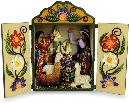 NOVICA 213304 Weihnachtskrippe aus Holz und Keramik, Mehrfarbig