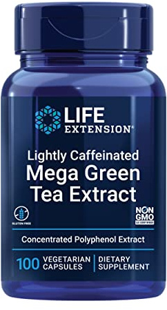 Life Extension Lightly Caffeinated Mega Green Tea Extract, Camellia sinensis Extract with Concentrated EGCG polyphenol Content, Gluten-Free, Non-GMO, Vegetarian, 100 Capsules