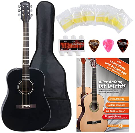 Rocktile D-60 Westerngitarren Set - Dreadnought Gitarre - Mit Tasche, Übungsheft, Stimmpfeife, Saiten und 3 Plektren - Schwarz