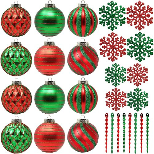 SLEETLY 28pk Red and Green Christmas Baubles for Tree Decorations - Holiday Xmas Shatterproof Plastic Ball Ornaments, Icicles and Snowflakes Set