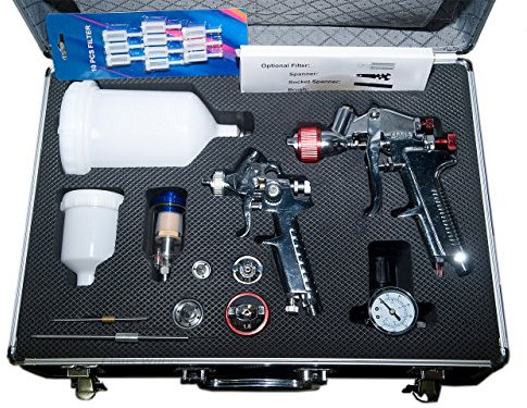 Autolack 2 Lackierpistolen Set inkl. Zubehör + 10 Lacksiebe 190 my
