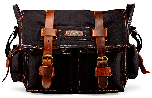 GEARONIC Messenger-Tasche für Laptop, Vintage, Segeltuch, Leder, Umhängetasche, Computertasche, Reisen, Büro, Kuriertasche, Schwarz, 14 inch, 35,6-43,2 cm (14-17 Zoll) Herren Messenger Bag Laptop