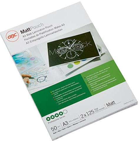 GBC Laminierfolien A3 Matt 125 mic, Beschriftbare Oberfläche, Robuste Laminiertaschen im 50er Pack, Glänzend, Transparent, Ideal für Büro & Schule, 3747521