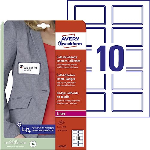 AVERY Zweckform L4787-20 Namensetiketten (200 Namensaufkleber, 80x50mm auf A4, selbstklebend, bedruckbare Textiletiketten aus Acetatseide, rückstandsfrei ablösbar) 20 Blatt, weiß mit blauem Rand