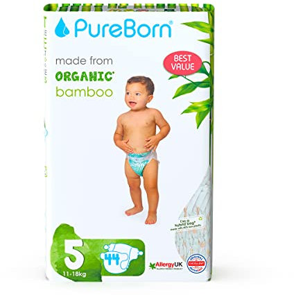 PureBorn 44 Windeln Größe 5 (7-12 kg), Ultra-Saugfähig, Hypoallergen, Weich & Sanft für Babys (12-24 Monate), Dermatologisch Getestet, Auslaufsicher, Umweltfreundlich aus Bambus