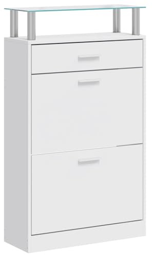 vidaXL Schuhschrank mit Schubfach und oberem Glasregal Holz Weiß
