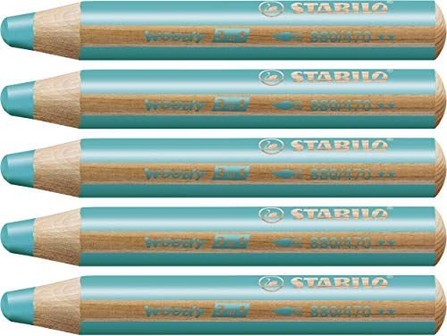 STABILO - Buntstift, Wasserfarbe & Wachsmalkreide - woody 3 in 1-5er Pack - türkis