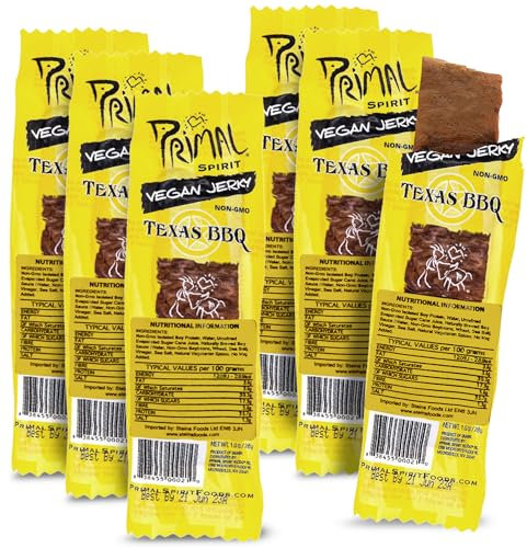 Primal Strips Texas Barbecue Vegan Jerky Pack of 6 (28gm) – Delicious Meat Alternative Healthy Snacks – Non-GMO, High Protein, Traditional Vegan Snacks