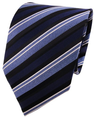 TigerTie XXL Seidenkrawatte in blau silber schwarz gestreift - Krawatte Tie 100% Seide Silk