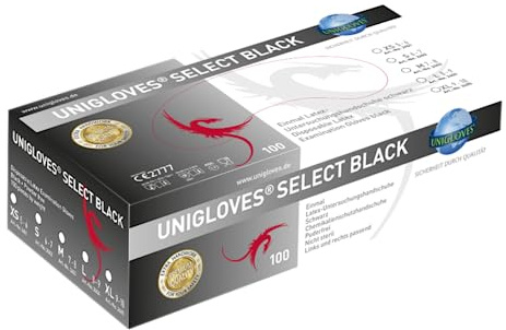 UNIGLOVES - Robuster Select® Black Latexhandschuh | Puderfrei & lebensmittelecht | Schwarze Einweghandschuhe zum Kochen, Tätowieren | 100 Stück | S