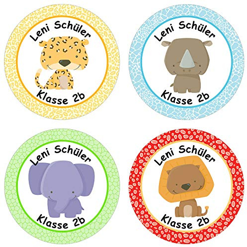 Papierdrachen 24 individuelle Aufkleber für Kinder - Motiv Wilde Tiere - personalisierte Sticker - ideal zur Einschulung und zum Beschriften von Büchern und Heften
