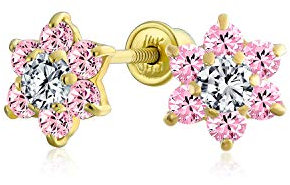 Piccoli Orecchini A Fiore In CZ Rosa Per Donne Per Adolescenti Cubic Zirconia Simulata Zaffiro Rosa In Oro Reale 14K A Vite