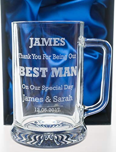 Engraved/Personalised Pub Pint Glass BEST MAN Tankard in Silk Gift Box