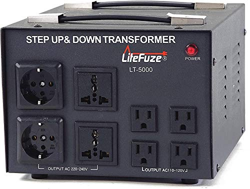 LiteFuze LT Series - Transformador convertidor de Voltaje de 5000 vatios hacia Arriba/Abajo, 110 V a 220 V/220 V a 110 V, Cable Totalmente Conectado a Tierra, Enchufe Universal, Certificado CE