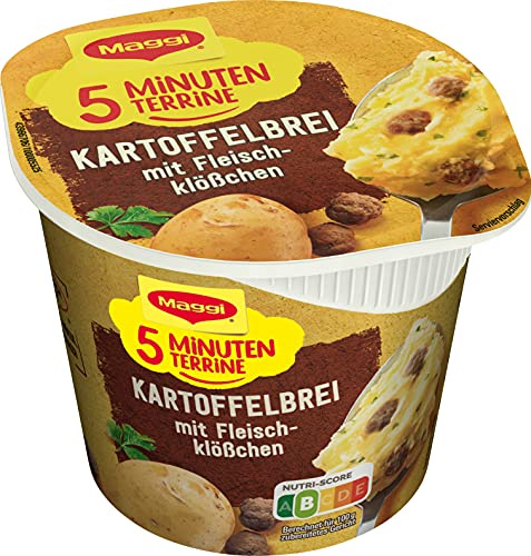 MAGGI 5 Minuten Terrine Kartoffelbrei: Fleischklößchen, leckeres Fertiggericht mit Rindfleisch, Instant Kartoffel-Püree, Kartoffel-Snack, 1er Pack (1 x 46g)