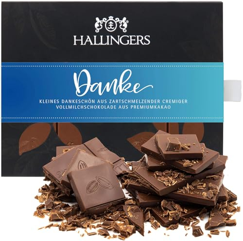Hallingers Danke - Vollmilch Edel-Schokolade zartschmelzend ganz pur - handmade, alkoholfrei (Box) - Geschenk im Sommer & als perfektes Grillgeschenk | Geburtstag Glückwunsch Jahrestag Neues Zuhause D