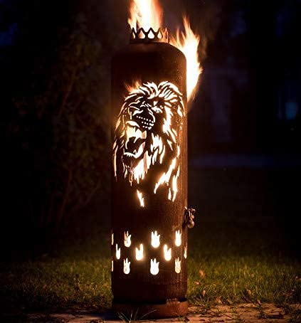 Mandelu Feuerstelle Löwe brüllend - Modern, Rund, Eisen, Gold mit rot/orange Akzenten, Holzkompatibel