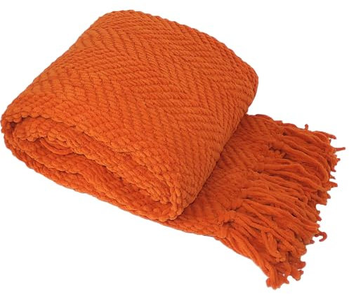 Home Soft Things Orangefarbene Überwurfdecke, gestrickter Tweed-Überwurf, 127 x 152 cm, gebranntes Orange, super weich, gemütlich, warm, bequem, atmungsaktiv, Überwurf für Wohnzimmer, Stuhl, Couch, Bett, Sofa, Schlafzimmer, Heimdekoration
