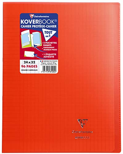 Clairefontaine 981404C Un Cahier Agrafé Koverbook Rouge - 24x32 cm 96 Pages Grands Carreaux Papier Blanc 90 g - Couverture Polypro
