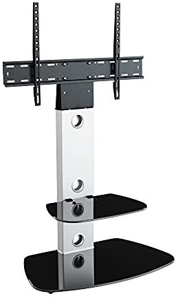 MAHARA Universal Column TV Stand - for 32 to 65 inch TVs-Freestanding silver tall floor stand with curved black glass shelves and cable management-Height adjustable & fits in corners-Max Weight 40kg