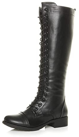 Ajvani Femmes Talon Bas Hauteur du Genou Mollet armée Lacer Bottes Militaires,Noir, 41 EU