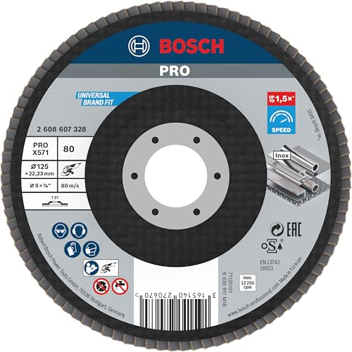 Bosch PRO X571 Fächerschleifscheibe, gerade, 125 mm, K40 | für Stahl, Edelstahl, Körnung 80, Professional Zubehör Kleiner Winkelschleifer