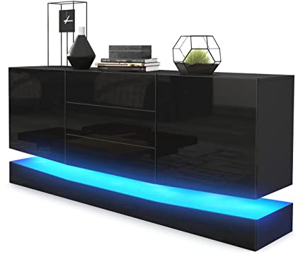 Vladon Sideboard City, Made in Germany, Schwarz matt/Schwarz Hochglanz inkl. LED - Moderne Kommode für Ihr Wohnbereich (178 x 72 x 38 cm)