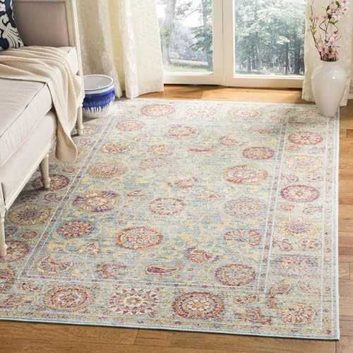 SAFAVIEH Sevilla Collection Accent Rug - 4' x 5'7, Light Blue & Multi, Vintage Distressed Viscose Design, Ideal for High Traffic Areas in Entryway, Living Room, Bedroom (SEV812C)