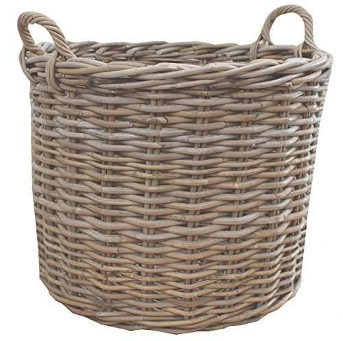 Grey & Buff Rattan Round Wicker Log Storage Basket Small