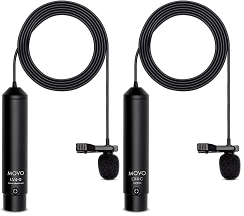 Movo LV4 Phantom Power XLR Lavalier Microphone Interview Kit with Omnidirectional and Cardioid XLR Lapel Mics, Metal Clips and Windscreens - Perfect for Video Shoots, Podcasting, YouTube Recording