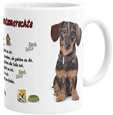 Merchandise for Fans Becher aus Keramik - 330 ml Motiv: Dackel Rauhhaardackel sitzend mit Spruch Eigentumsrechte (46)