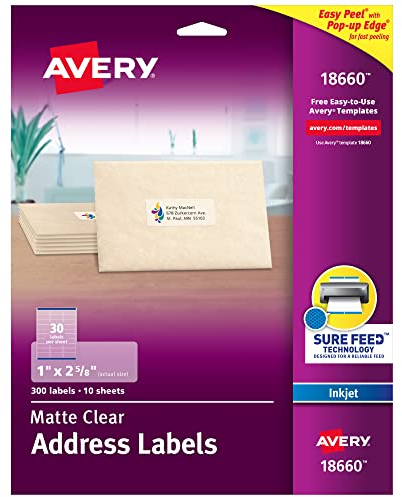 Avery Bedruckbare Adress-Etiketten mit sicherem Einzug, 2,5 x 7,1 cm, matt, transparent, 300 leere Versand-Etiketten (18660)