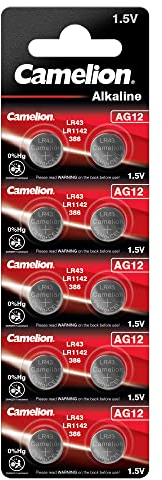 Camelion 12051012 - Alkaline Knopfzellen-Batterie ohne Quecksilber AG12/LR43/LR1142/386 mit 1,5 Volt, 10er Set, Kapazität 108 mAh