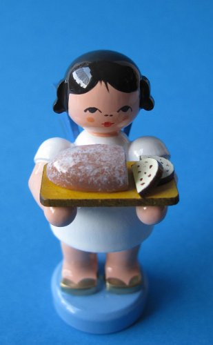 Weihnachtsengel stehend mit Stollenbrett blau Flügel - Erzgebirgische Volkskunst