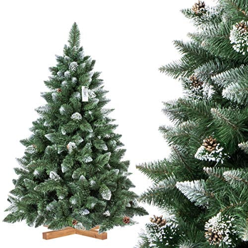 FairyTrees Sapin de Noël Artificiel 150cm | Arbre de Noël avec Support en Bois | PIN ENNEIGÉ Blanc Naturel | Made in EU