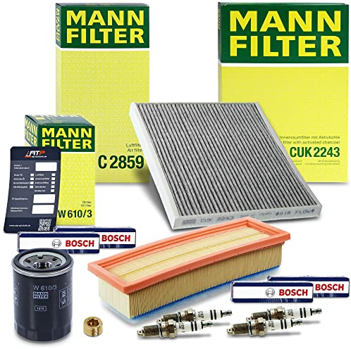 MANN-FILTER Inspektionspaket Filterset 1x Ölfilter, 1x Luftfilter, 1x Innenraumfilter (Aktivkohlefilter), 4x Zündkerze, 1x Ölwechselanhänger Kompatibel mit FIAT GRANDE PUNTO (199_), QUBO (225_)