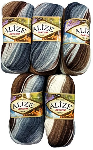 Alize Burcum Batik 5 x 100 Gramm Wolle Mehrfarbig mit Farbverlauf, 500 Gramm Strickwolle (braun beige grau weiß 5742)