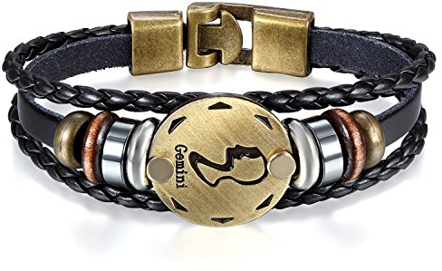 JewelryWe Schmuck Herren Damen Zwillinge Armband, 12 Tierkreis Sternzeichen Horoskop Charms Druckknopf Armreif, Leder Legierung, schwarz