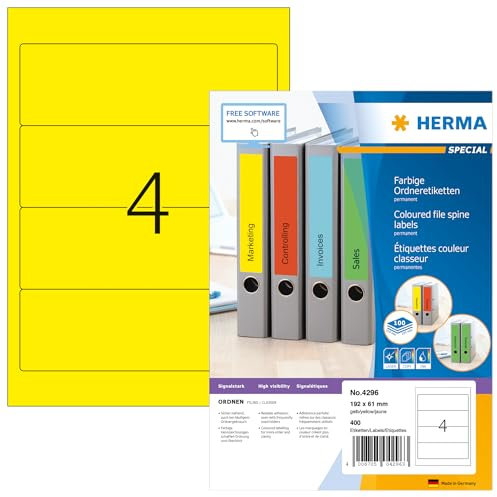 HERMA 4296 Ordnerrücken Etiketten kurz breit, 100 Blatt, 192 x 61 mm, 4 pro A4 Bogen, 400 Stück, selbstklebend, bedruckbar, blickdicht, blanko Papier Ordneretiketten Rückenschilder Aufkleber, gelb