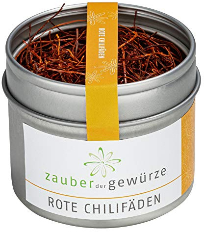 Zauber der Gewürze Chilifäden, fein geschnitten aus Chilischoten, mild, echter Hingucker auf Gerichten, als Dekoration und zum Verzehr, Top-Qualität in wiederverschließbarer Aroma-Dose, 8 g